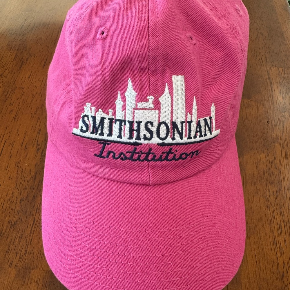 Pink and White Curved Brim Hat with Skyline Design